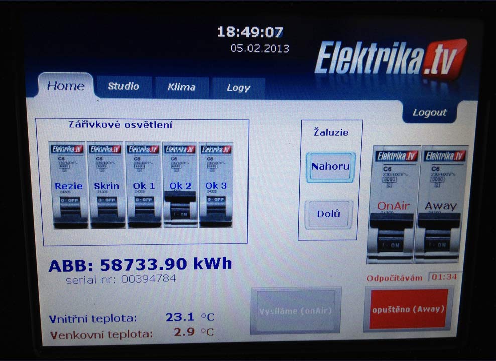Ovládací obrazovka studia Elektrika.TV